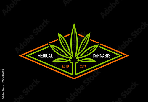 Medical cannabis, marijuana and CBD pharmaceutical treatment, vector weed leaf symbol. Cannabis sativa label for medical cannabis smoke or CBD health therapy and oil drops package emblem
