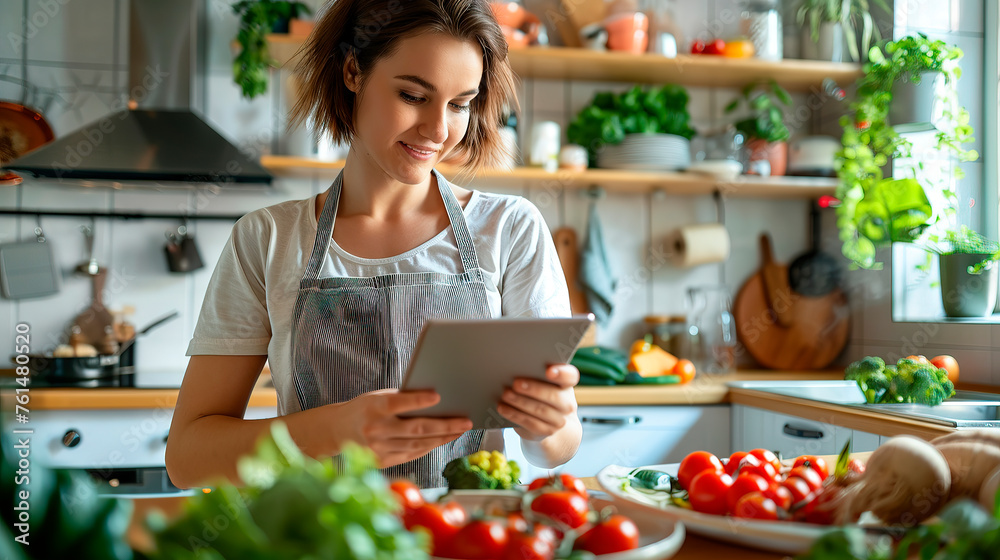 Beautiful woman in an apron preparing a healthy meal in the home kitchen, using a digital tablet, looking at recipes or a culinary blog and smiling