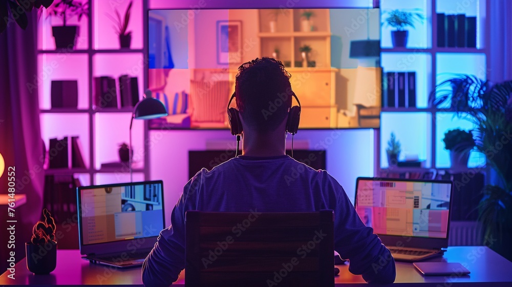 A person working from home, attending virtual meetings and enjoying leisure activities A person working from home, attending virtual meetings and enjoying leisure activities