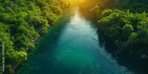 In the tranquil landscape, a winding river flows through a lush green forest, kissed by the warm hues of sunset.