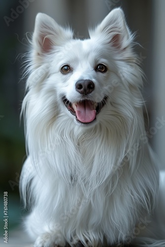 In a natural setting, a cute, fluffy dog, with a happy smile, sits outdoors, radiating friendliness and joy. © Andrii Zastrozhnov