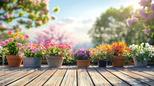 Blooming flowers in pots on the wooden floor of the veranda in spring. Gardening and floriculture background © Irina Sharnina