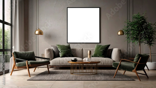 interior in loft, industrial style, 3d, mock up poster frame in modern interior. AI generation