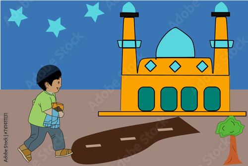 cartoon of a boy walking to the mosque 