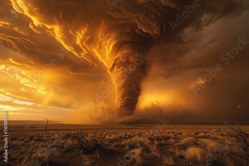 Gigantic tornado touching down on a barren landscape with dramatic lighting photo