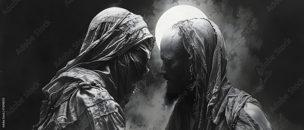 Two enigmatic figures in cloaks stand before a full moon, their faces ...