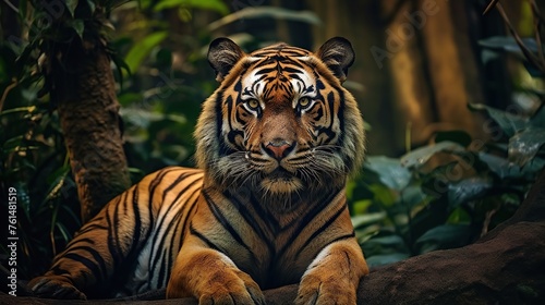 A tiger with a bow on its neck sits in a jungle Generative AI