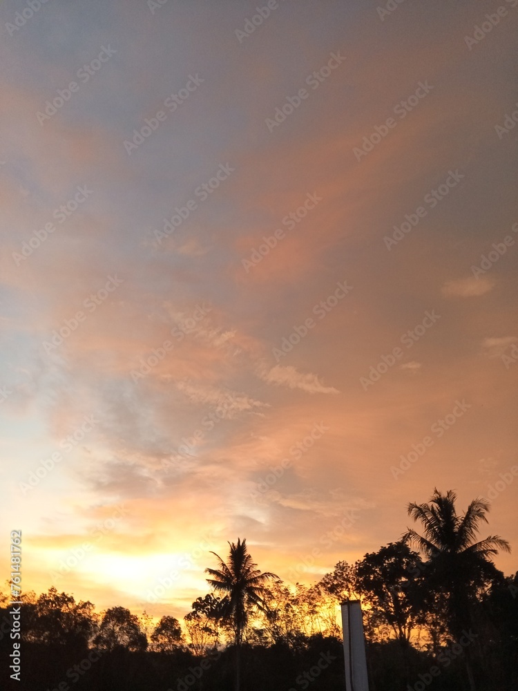 sunset, sky, sun, clouds, tree, nature, landscape, cloud, orange, sunrise, evening, silhouette, dusk, beautiful, trees, blue, yellow, red, forest, light, morning, color