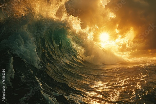 Massive wave illuminated by sunlight against a dramatic cloudy sky photo