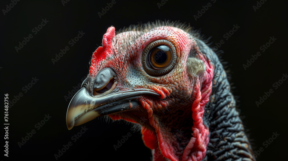 Portrait of a turkey on black background.
