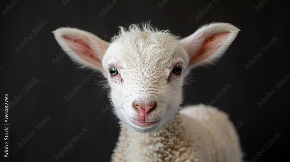 Portrait of a white sweet lamb on black background. Portrait of a white sweet lamb on black background.
