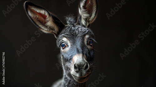 Portrait of a donkey on black background.