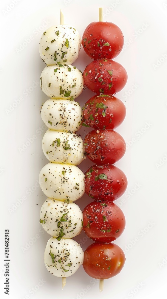 Caprese salad skewer featuring ripe tomatoes and creamy mozzarella on a stick, isolated on a white background