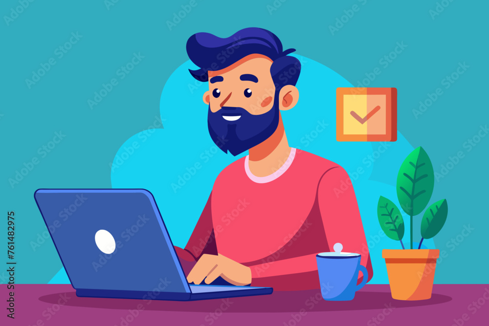 3d man with beard and a hairstyle working on lapto