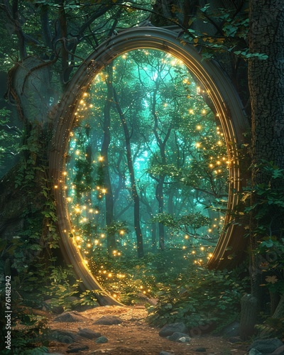 Colorful fantasy mirror, magical glow, sparkling glass, enchanted forest background