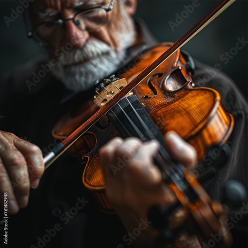 The aged hands of a seasoned violinist showcase a lifetime of skill and passion for music, playing a well-loved violin with care and expertise.