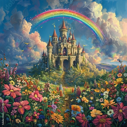 Dreamy rainbow over a flower castle  where every color tells a story