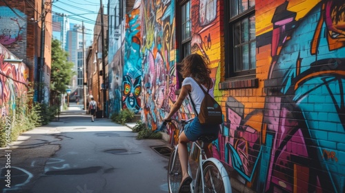 Urban Exploration: A young woman in her late 20s, exploring a vibrant city neighborhood on a bicycle, with colorful murals and street art adorning the walls of buildings along the street