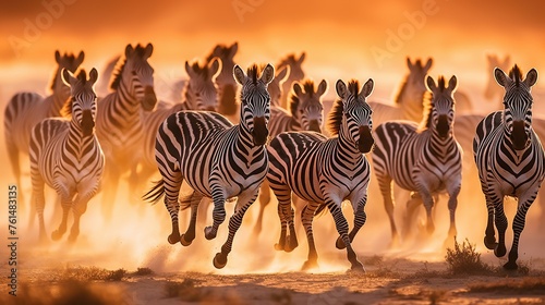Photo group of zebras running across the african savannah on sunset ai generated image