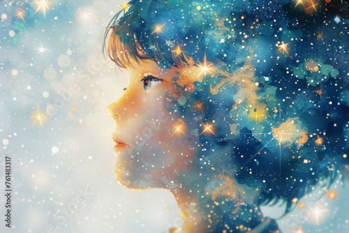 星空と日本の子供の顔の絵本イラスト（星の海・淡い水彩・明るい色彩）