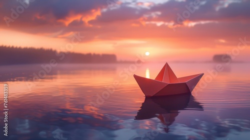 A serene image featuring a red paper boat floating on a calm lake with a breathtaking sunset in the backdrop, invoking a sense of peace and simplicity.