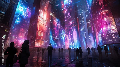 the essence of a futuristic city at night, bathed in neon lights with silhouettes of people in the foreground, depicting urban life in a digital age.