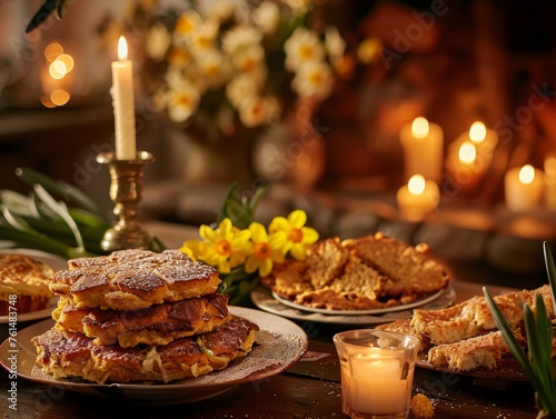 A cozy, inviting scene of a rustic table set with savory pies, lit by the soft glow of candles and adorned with fresh spring daffodils.