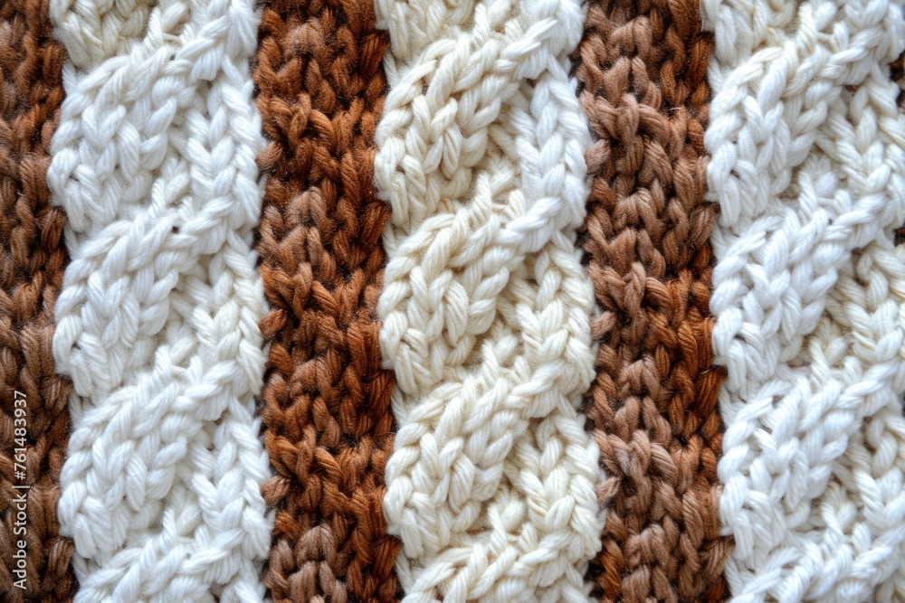 knitted pattern texture white, cream and brown colors, filling the frame. Idea for a sweater or a scarf