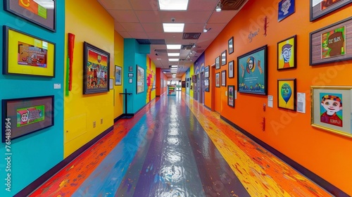 A lively and colorful hallway within a children's museum, lined with framed artwork, presenting a stimulating environment for creativity and education. photo