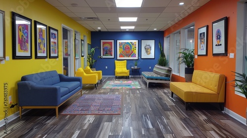 A lively and colorful hallway within a children's museum, lined with framed artwork, presenting a stimulating environment for creativity and education.