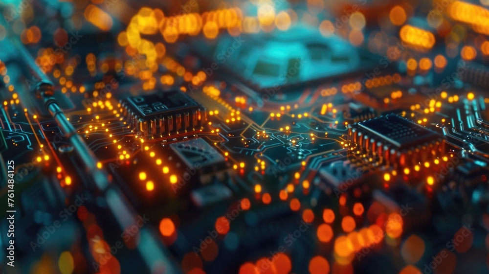 Fototapeta premium Close up of a circuit board with many lights. Suitable for technology and electronics concepts