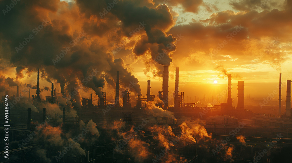The sun sets in a fiery sky behind silhouetted industrial smokestacks, casting an orange glow over the dense smoke..