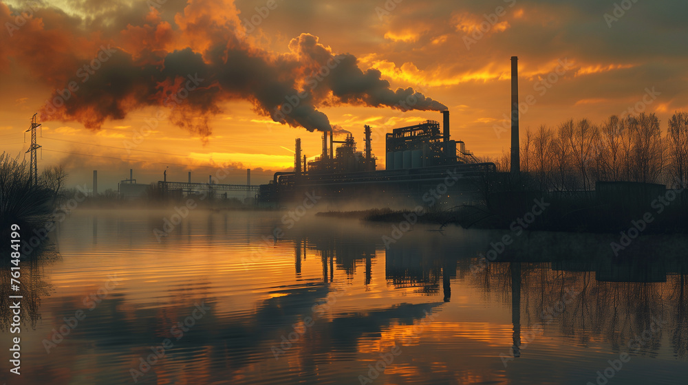 Industrial plant emits smoke at sunset, reflected beautifully in the calm water below, highlighting environmental themes.