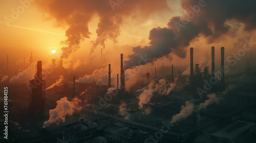 Sunrise backdrop behind smokestacks emitting pollution in an industrial area, symbolizing environmental impact.