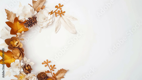 Beige background with frame of brown leaves and flowers 