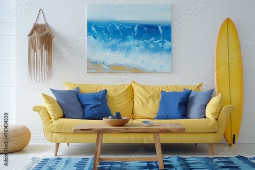 Boho style home living room design, sofa with blue cushions and wooden table, rustic style decoration.