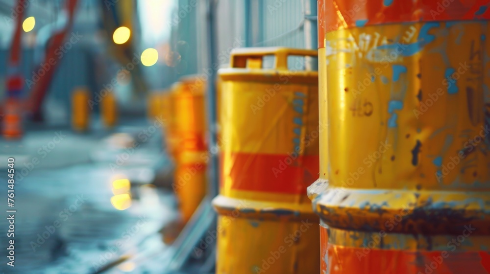 Row of orange and yellow fire hydrants on a city street. Great for urban infrastructure concepts Row of orange and yellow fire hydrants on a city street. Great for urban infrastructure concepts