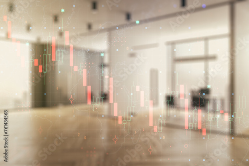 Double exposure of abstract virtual global crisis chart and world map hologram on modern corporate office background. Financial crisis and recession concept