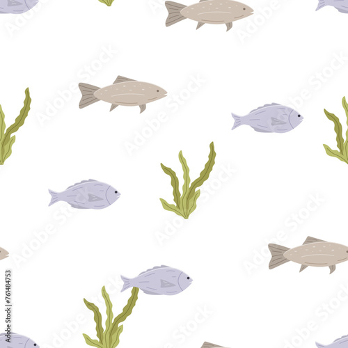 Seamless pattern with fish and algae color. Vector illustration dorado carp, background.