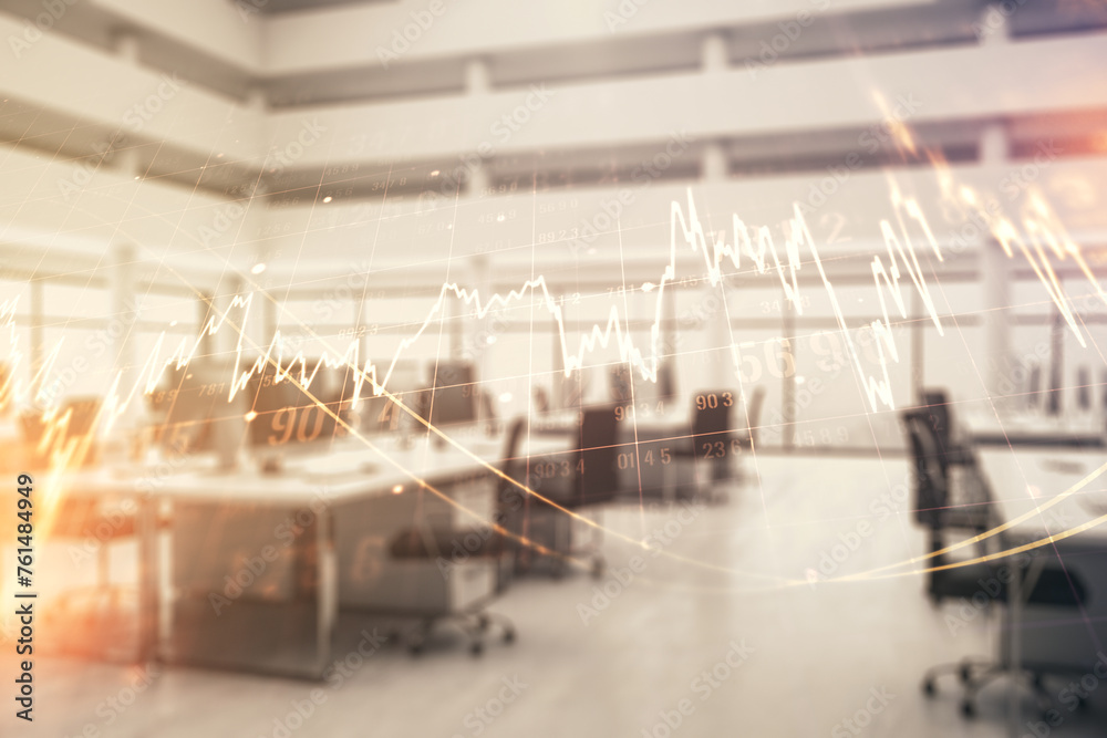 Double exposure of virtual creative financial diagram on a modern furnished office interior background, banking and accounting concept Double exposure of virtual creative financial diagram on a modern furnished office interior background, banking and accounting concept
