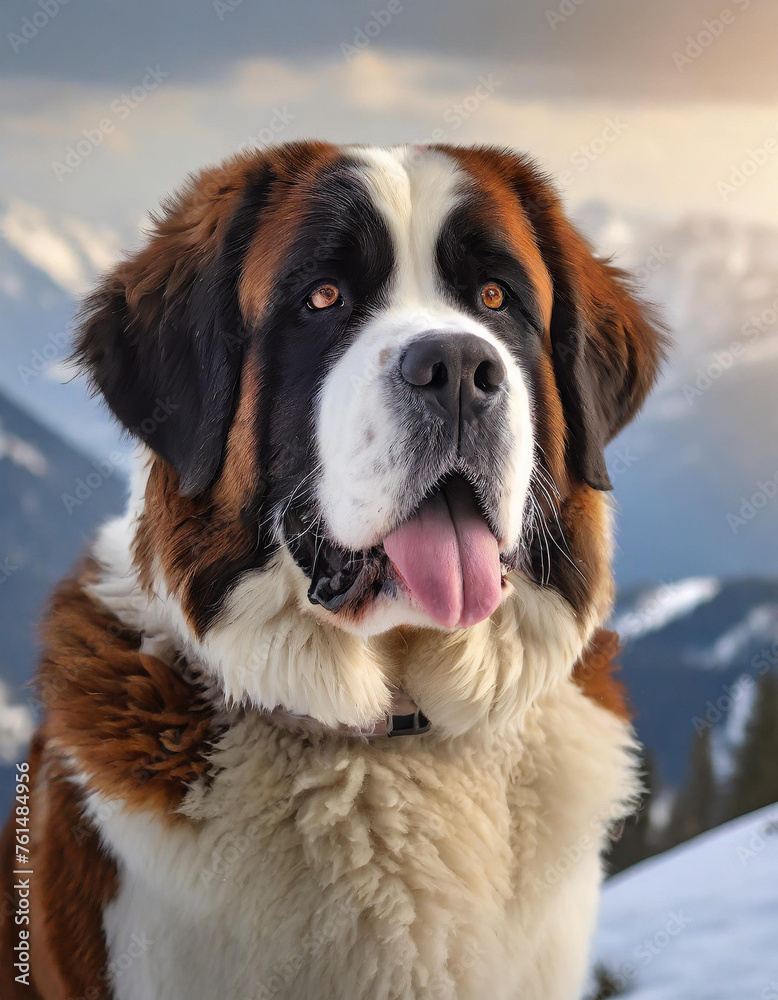 Portret psa rasy Bernardyn na tle gór. generative AI - obrazy, fototapety, plakaty 