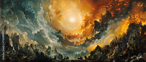This epic landscape painting evokes an ominous yet awe-inspiring scene with a fiery sky that suggests an apocalyptic event © Reiskuchen