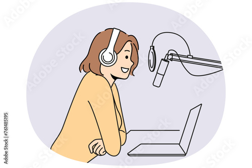 Smiling woman in headphones record podcast talk in microphone in studio. Happy female host with mic speak at live broadcast. Occupation. Vector illustration.