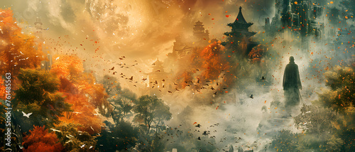 This mesmerizing digital painting captures a forest in autumn hues with oriental buildings and a lone wanderer