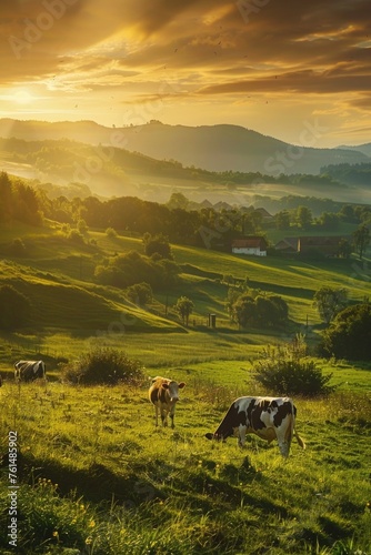 Cows grazing on lush green hillside, perfect for agricultural concepts