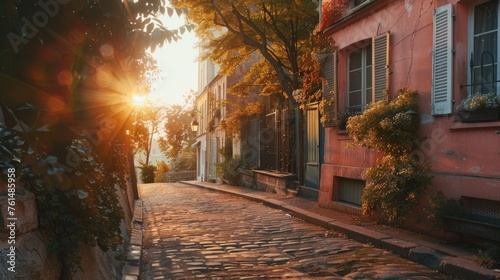 Fototapeta Naklejka Na Ścianę i Meble -  A quaint cobblestone street in a charming small town. Perfect for travel brochures or historical websites