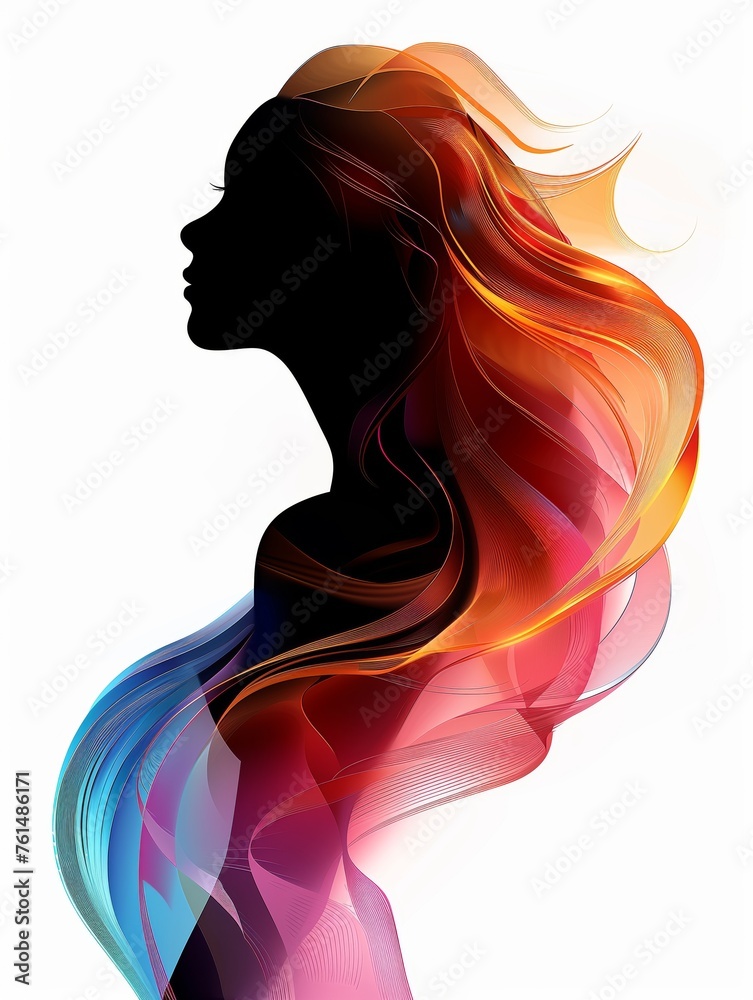 Illustration of a silhouette of a woman with colorful flowing hair, Abstract female silhouette with colorful flowing shapes and lines on a white background, AI generated