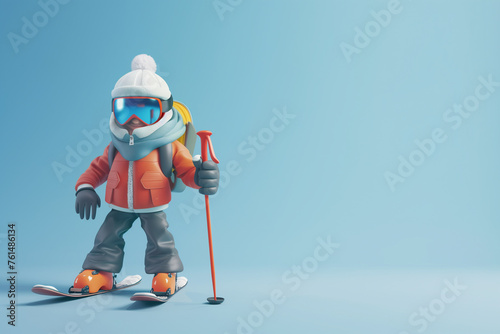3D animated character in winter sports attire ready for skiing. photo