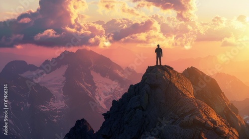 A person standing on top of a mountain. Suitable for outdoor and adventure concepts