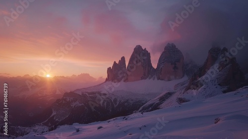 A beautiful snowy landscape with the sun setting over the mountains. Perfect for winter themes © Fotograf
